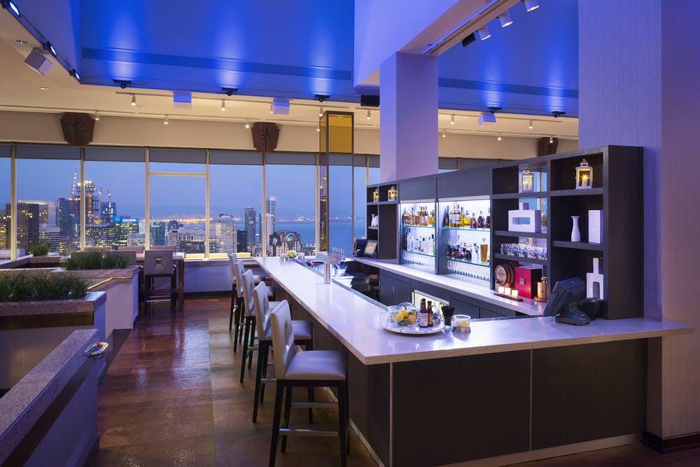 Cityscape rooftop bar